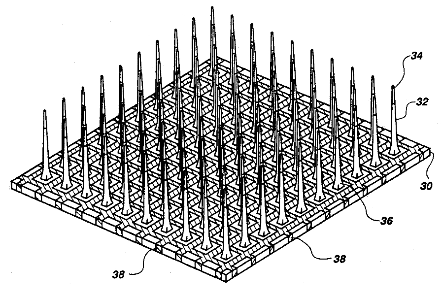 Patent drawing of the Utah electrode array: a square silicon base carrying a regular grid of sharpened needles.